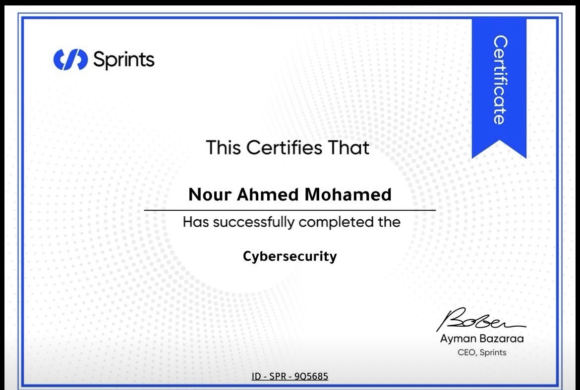 Cybersecurity certificate awarded to Nour Ahmed
